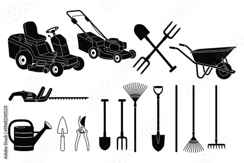 Black and white garden tools collection lawn care and yard maintenance equipment