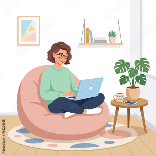 A young woman sitting comfortably in a soft pink beanbag chair while working on her laptop Illustration Artwork