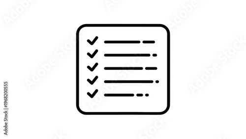 Sleek black outline checklist icon with five completed tasks marked by checkmarks, isolated on transparent background for business presentations