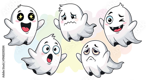 A collection of expressive white ghosts displaying various emotions including joy, fear, surprise, sadness, and playfulness, perfect for spooky holiday promotions and engaging content.