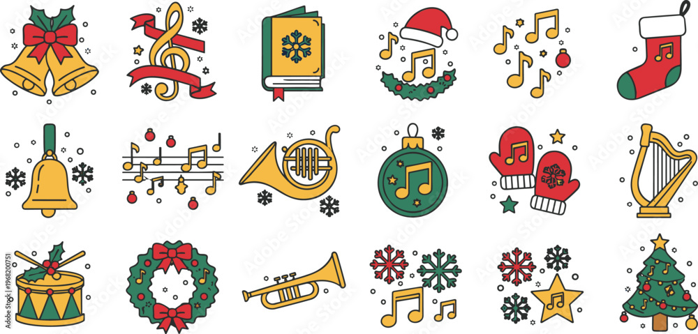 Fototapeta premium Vector set of twelve Christmas themed musical icons with golden bells snowflakes songbooks and festive musical notes for holiday decor.