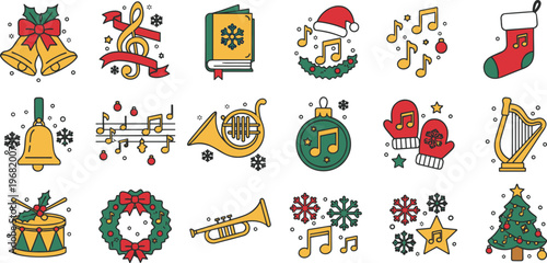 Vector set of twelve Christmas themed musical icons with golden bells snowflakes songbooks and festive musical notes for holiday decor.