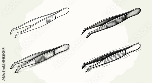 Professional grooming tweezers depicted in various engraved and handdrawn styles perfect for health and beauty product packaging, salon advertisements, or personal care educational