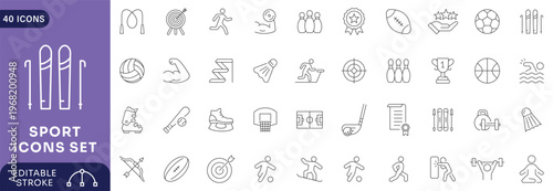 Sport icons set. Contain icons related to baseball, basketball, soccer, and other sports. Editable stroke
