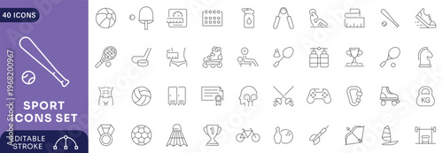 Sport icons set. Contain icons related to baseball, basketball, soccer, and other sports. Editable stroke