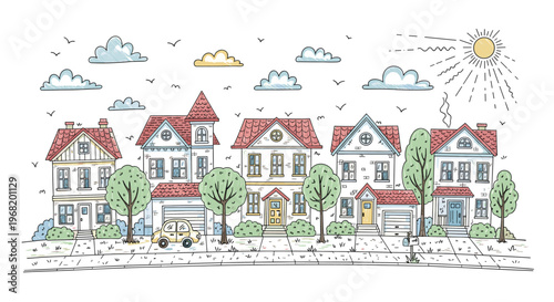 Charming hand drawn neighborhood scene featuring various family houses lining a peaceful suburban street with green trees and bushes, ideal for real estate, home improvement, or community