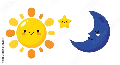 cute sun and moon with faces in bright yellow and deep blue ideal for children