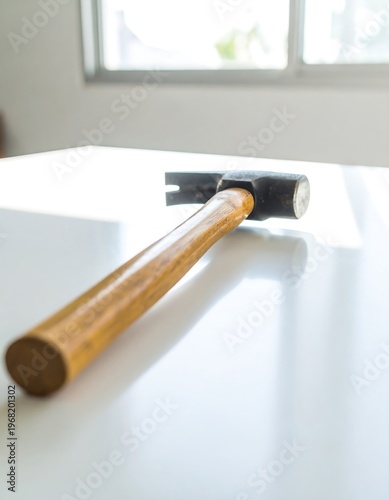 Close-up shot of a hammer resting on a white surface, sunlight illuminating its wooden handle and metal head. A window and blurry background present