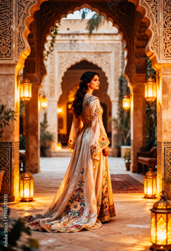 A woman in an intricately embroidered gown stands gracefully in a beautifully ornate archway surrounded by warm glowing lanterns and elegant stone carvings under a soft evening sky
