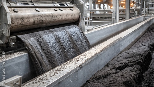 industrial black slag flowing through metal conveyor system for manufacturing use