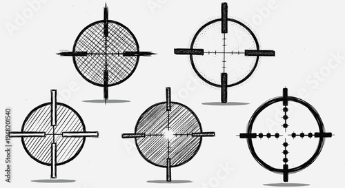 Variety of handdrawn target reticles and crosshairs with a gritty sketchy aesthetic perfect for designs requiring themes of aiming precision and focus