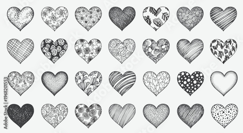 A comprehensive collection of hand drawn hearts filled with diverse abstract textures and organic motifs, perfect for expressing love themes and romantic graphic projects