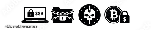 Ransomware and cyber attack icon set. malware, data breach, locked folder, encrypted files, laptop security, bitcoin extortion, skull timer, chain and lock. 
