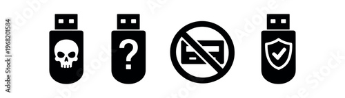 Malicious and secure usb icon set. infected drive, unknown device, usb prohibited, secure flash drive. 