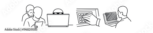 Login and access control icon set. group users, hidden attacker, keypad entry, laptop user. 