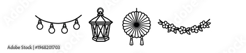 Festive lantern and garland icon set. string lights, hanging lantern, paper rosette, floral garland, party, celebration. line vector illustration.