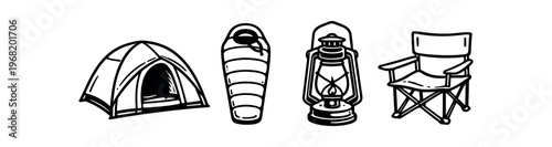 Camping gear icon set. tent, sleeping bag, lantern, folding chair, outdoor camping, overnight, wilderness. line vector illustration.