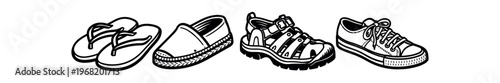 Footwear icon set. flip flops, espadrille, hiking sandals, sneaker, casual, outdoor, summer shoes. line vector illustration.