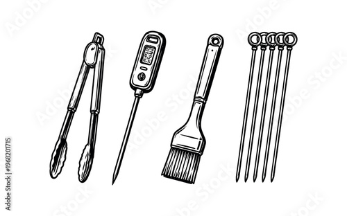 Barbecue and kitchen tool icon set. tongs, digital meat thermometer, basting brush, skewers, grilling utensils, cooking, bbq. line vector illustration.