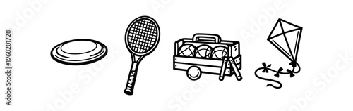 Outdoor sports equipment icon set. frisbee, tennis racket, ball cart, kite, playground and lawn games. line vector icon set.
