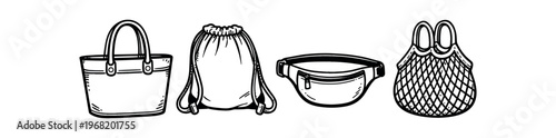 Bags and purses icon set. tote bag, drawstring backpack, waist bag, net market bag, handbag, pouch, travel, shopping. line vector illustration.
