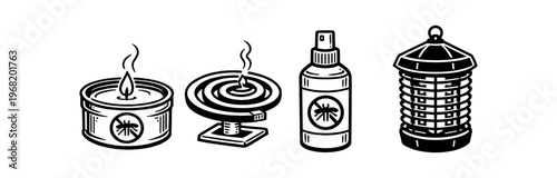 Insect repellent and mosquito control icon set. citronella candle, mosquito coil, spray bottle, electric bug zapper, pest control, outdoor protection. line  vector illustration.