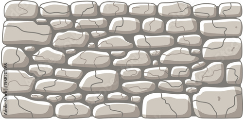 A cartoon illustration of a rustic stone wall with irregular light grey rocks and dark outlines, creating a textured background.