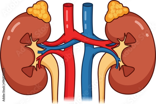 Cartoon illustration of human kidneys with adrenal glands and major blood vessels, including renal arteries and veins.