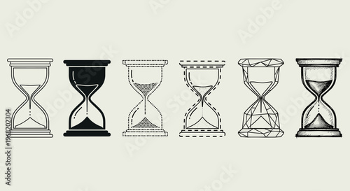 A collection of various hourglasses and sand timers symbolizing time measurement, deadlines, and the passage of moments, ideal for themes of history, patience, or countdowns