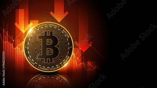Bitcoin cryptocurrency coin with falling arrow and red financial chart showing market crash risk and digital investment loss concept, vector illustration