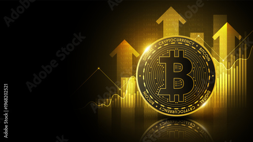 Bitcoin cryptocurrency coin with rising arrow and glowing financial chart showing digital market growth and investment success concept, vector illustration
