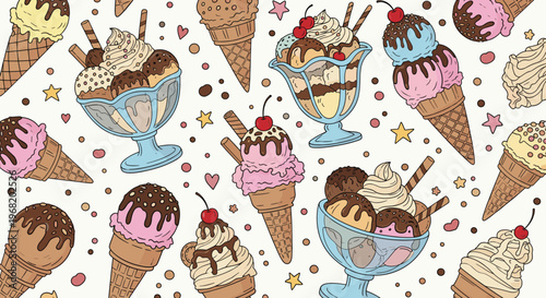 Delicious assortment of colorful ice cream cones and indulgent sundaes perfect for summer menus, confectionery promotions, and delightful food advertising campaigns