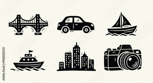 Discover diverse travel and tourism concepts with icons representing essential transportation and sightseeing, including a grand bridge, car, sailboat, boat, city skyline, and camera for