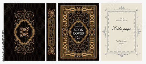 Classic vintage book cover, title page, spine design with Art Deco, Baroque, Art Nouveau and Victorian ornaments. Elegant decorative frame, retro style for publications, posters and artistic layouts.