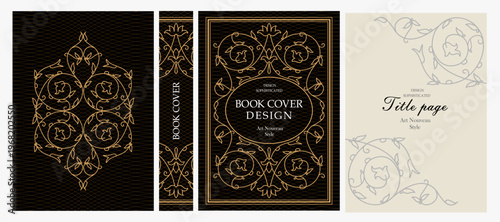 Classic vintage book cover, title page, spine design with Art Deco, Baroque, Art Nouveau and Victorian ornaments. Elegant decorative frame, retro style for publications, posters and artistic layouts.