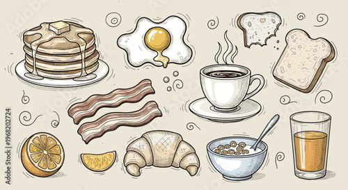A vibrant collection of delicious handdrawn breakfast food items including pancakes, eggs, bacon, coffee, and toast, perfect for morning meal menus and culinary advertising
