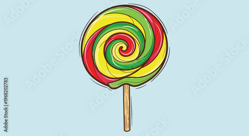 A vibrant red yellow and green swirl lollipop represents a delicious sweet treat perfect for capturing the essence of childhood joy and sugary snack cravings