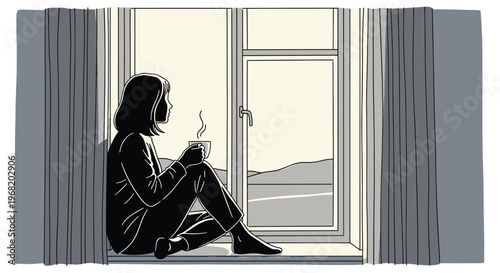 Thoughtful young woman enjoying a peaceful morning coffee while sitting barefoot on a cozy windowsill looking out at the calm outdoor landscape ideal for personal wellbeing publications