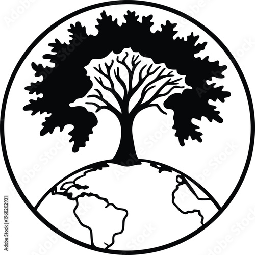 Black tree silhouette on globe in circle earth world
