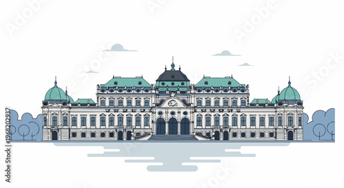 Stylized illustration of a grand palace with multiple domes and windows