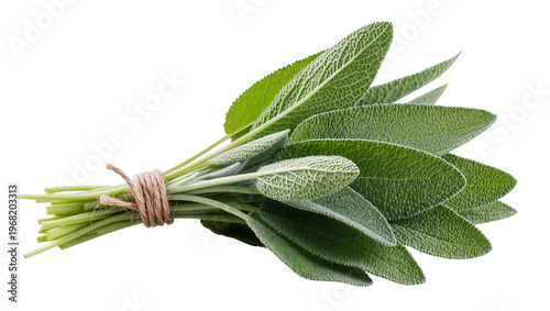Foto Fresh sage sprigs tied with rustic twine, isolated on transparent background for