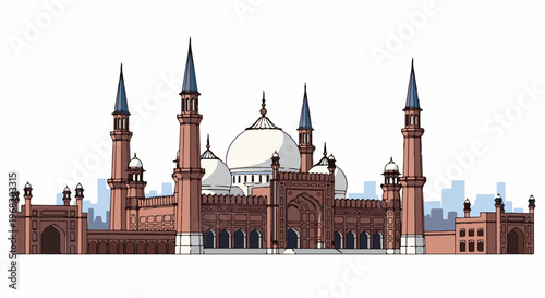 Stylized illustration of a grand mosque with minarets and domes against cityscape