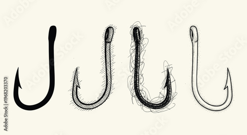 Collection of fishing hooks showcasing diverse drawing techniques from solid shapes to intricate hatched, scribbled, and stippled styles, ideal for outdoor hobby and recreation graphic