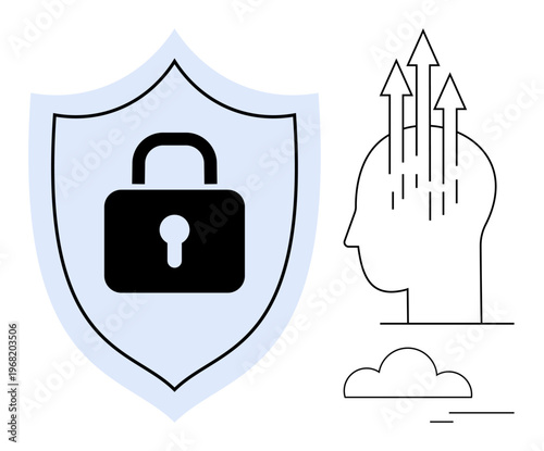 Security concept. Security illustrated with a shield and padlock, protection, and an abstract human head with upward arrows, indicating innovation and growth. For technology, data, personal