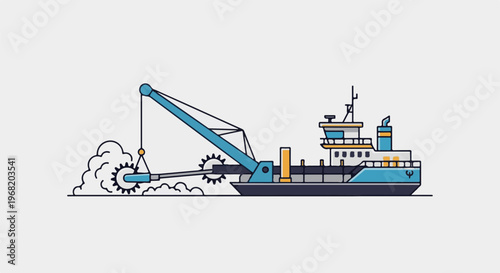 Stylized illustration of a dredging vessel with a rotating cutterhead digging in water