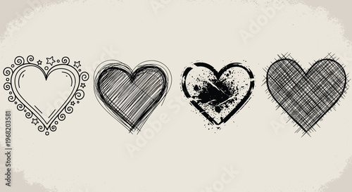 Diverse hand drawn heart shapes in various sketch and grunge styles, ideal for romantic holiday greetings or expressive social media graphics