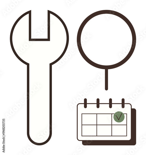 Planning, scheduling, task management, maintenance, organization, productivity. Wrench, calendar with check mark magnifying glass . Maintenance and planning concept