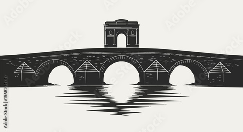 Stylized illustration of a stone arch bridge with a triumphal arch structure at the top
