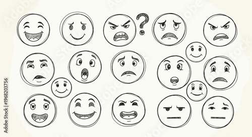A collection of hand drawn emoji faces expressing a wide range of human emotions like happiness, sadness, anger, surprise, and confusion, perfect for communication, social media, and user