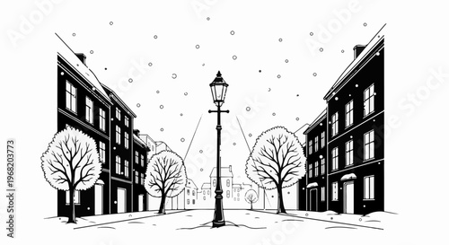 Stylized illustration of a snowy street with a lamppost and buildings